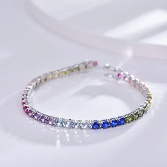 Bracelet de tennis en argent 925 pour femmes, 4 mm de zircone cubique, rond arc-en-ciel, bracelet de tennis en argent sterling 925 CZ