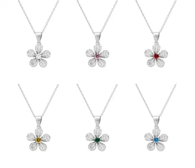 Collier avec pendentif fleur en argent Sterling 925, haute qualité, pierre de naissance, diamant complet, bijoux pour femmes